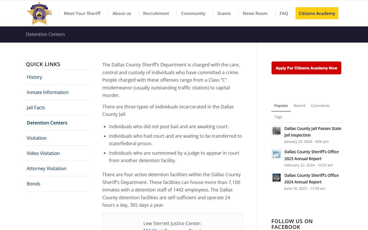 Dallas County detention centers page describing North Tower Detention Facility