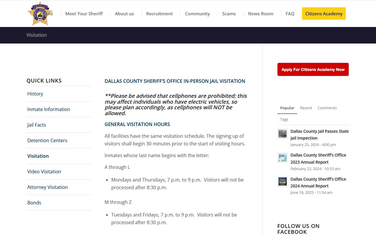 Dallas County inmate records visitation schedule