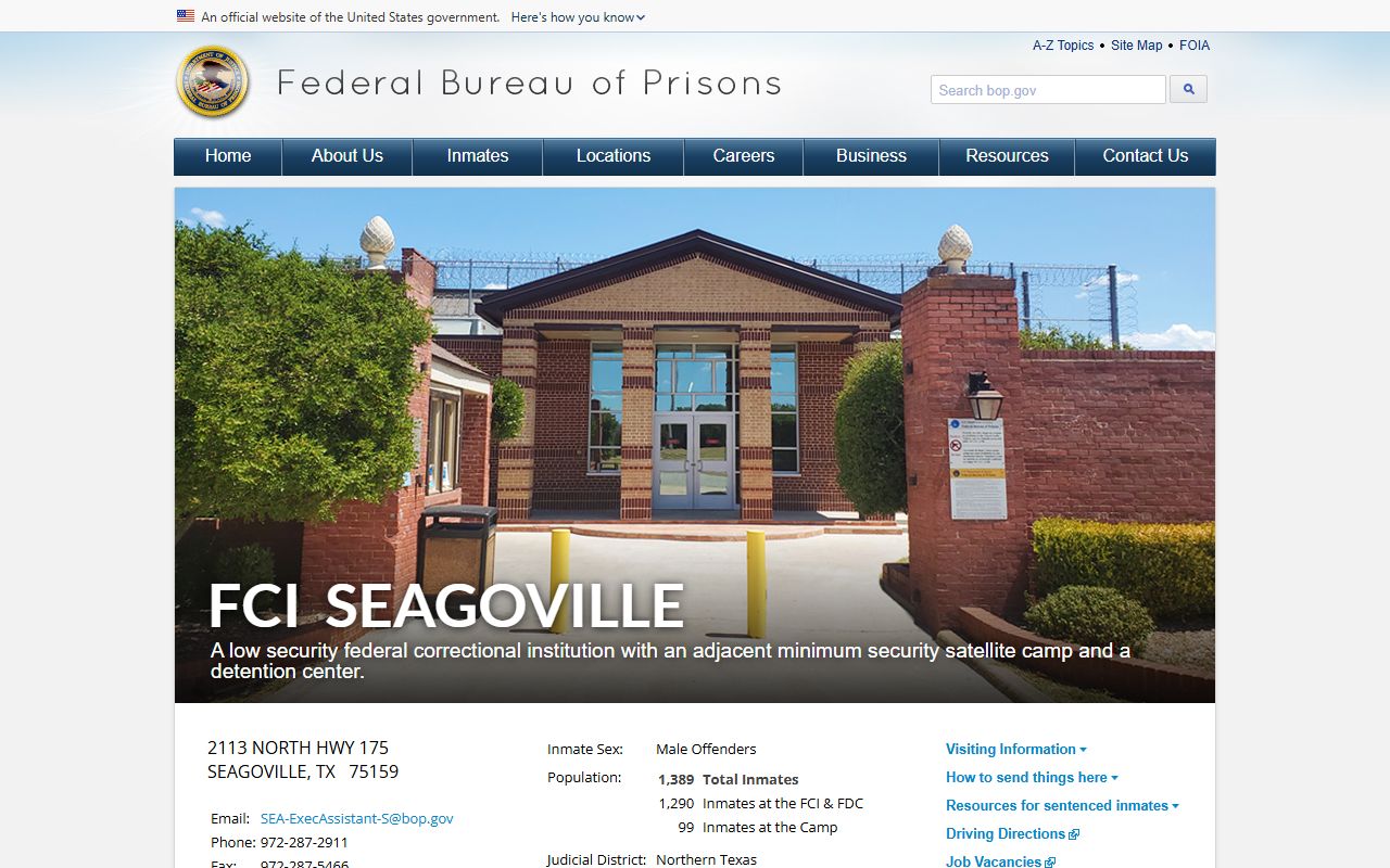FCI Seagoville federal inmate locator facility page