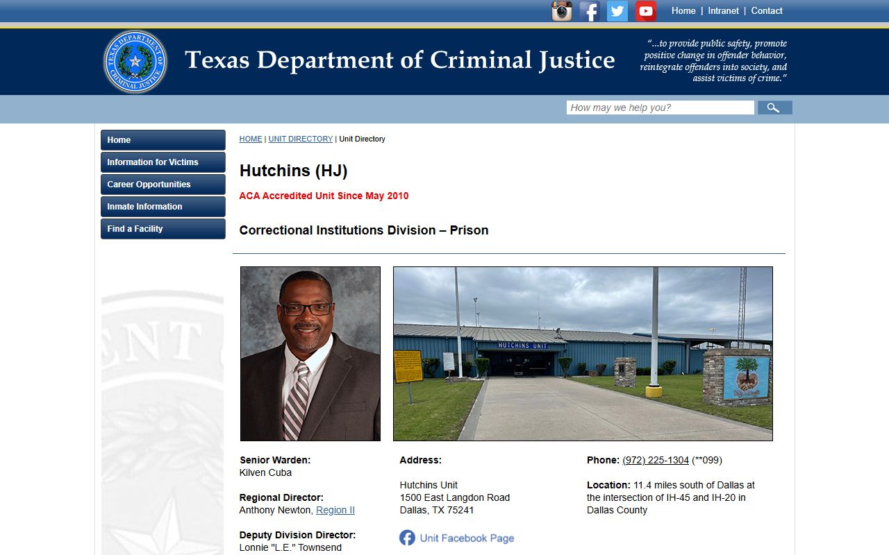 Hutchins Unit TDCJ inmate lookup facility page